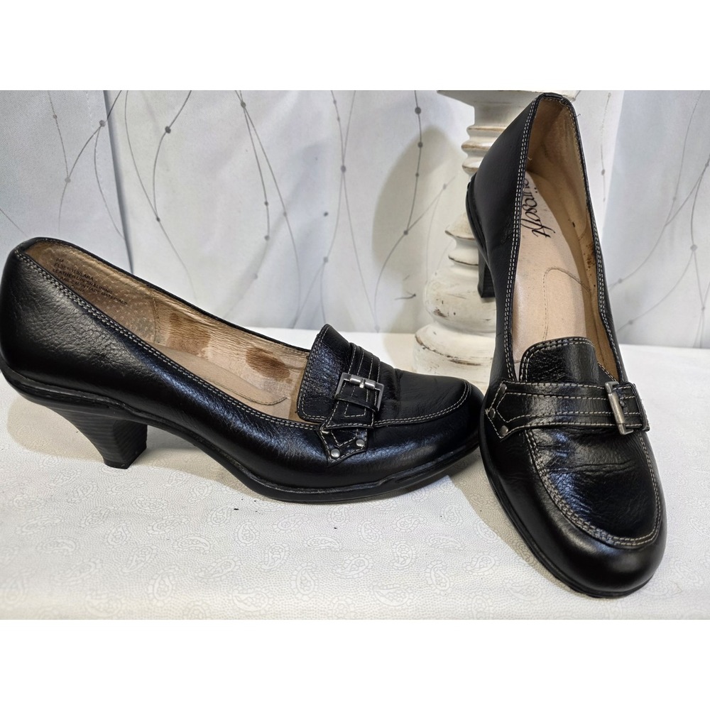 EuroSoft Shoes 9 Black Leather Coquette‎ Retro Buckle Office Classic Jackie O